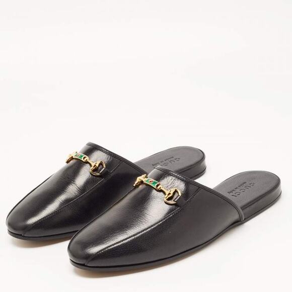 New Gucci Mens Sz 8 women's 10 Black Leather Princetown Horsebit Flat Mules